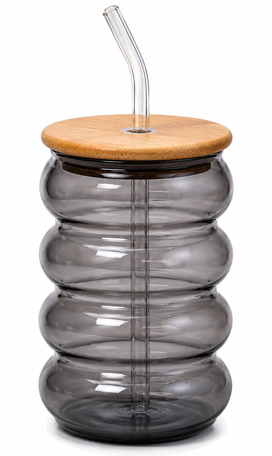 Bubble Design Glass Tumbler with Bamboo Lid & Glass Straw (Set of 3 · Buy 1 Get 2 Free)