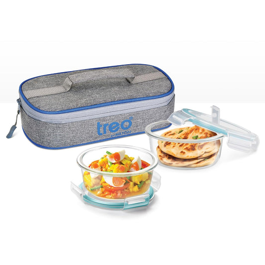 Treo All Fresh Round Glass Tiffin with Insulated Jacket, 2 x 400 ml