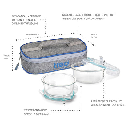 Treo All Fresh Round Glass Tiffin with Insulated Jacket, 2 x 400 ml