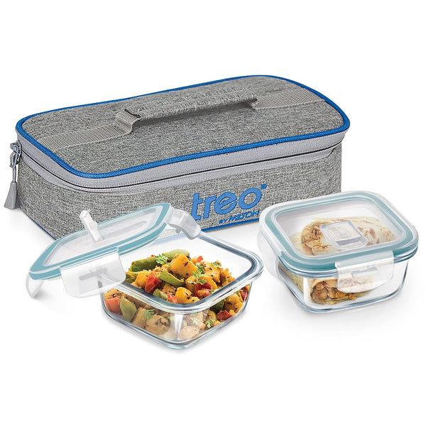 Treo All Fresh Square Glass Tiffin with Insulated Jacket, 2 x 400 ml