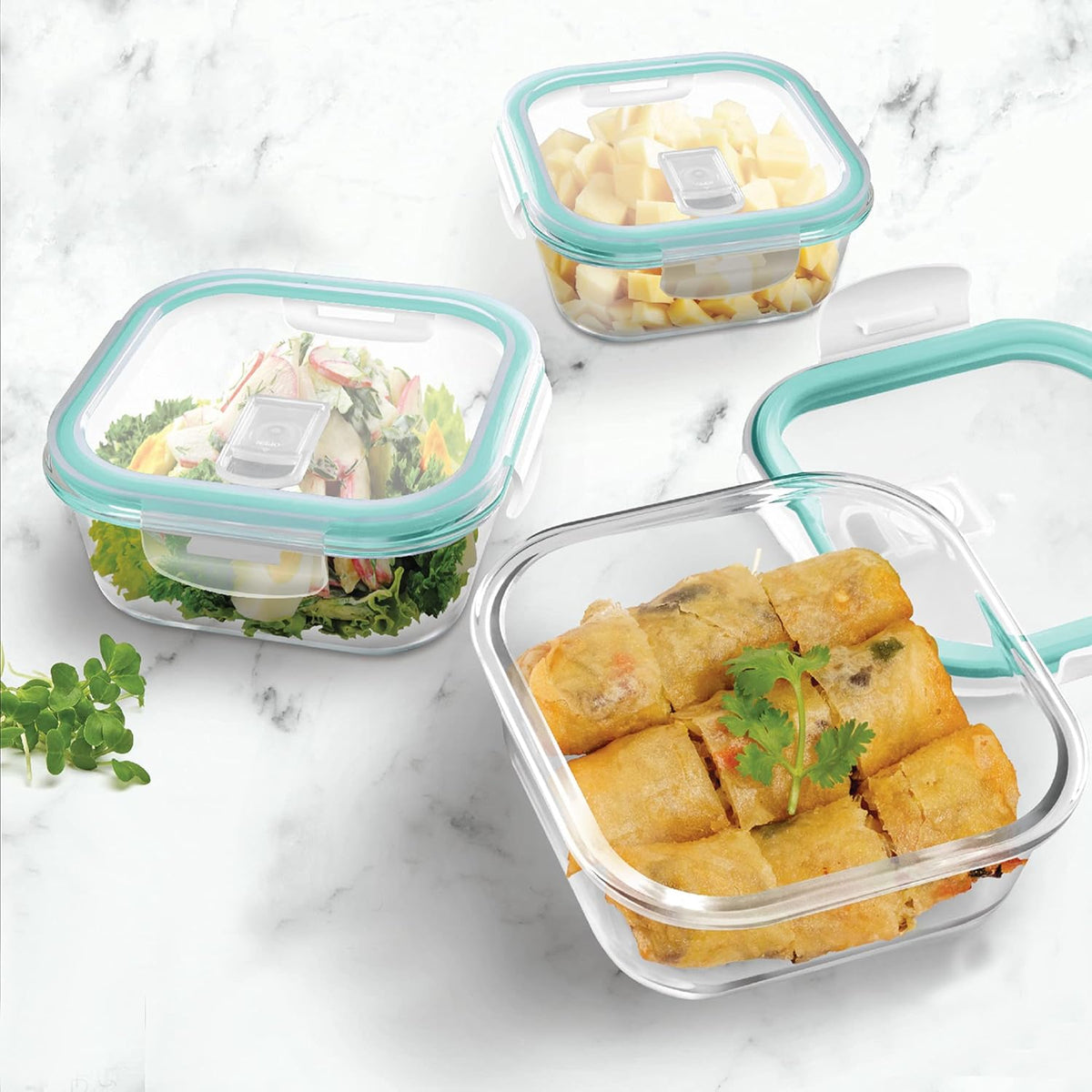 Treo All Fresh Square Glass Tiffin with Insulated Jacket, 2 x 400 ml