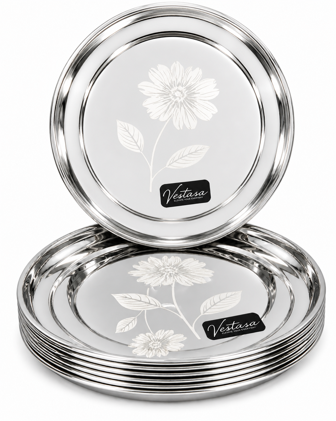 Vestasa Stainless Steel Full Plate, Round, Mirror Finish, Set of 6