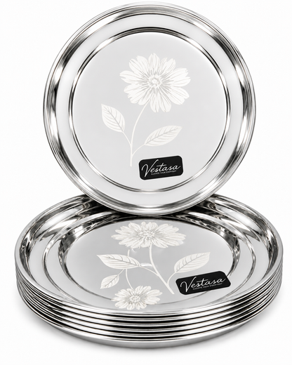 Vestasa Stainless Steel Full Plate, Round, Mirror Finish, Set of 6