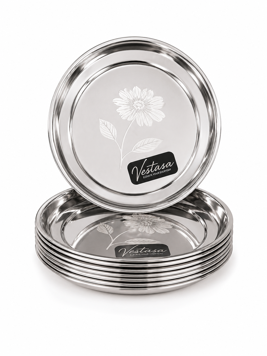 Vestasa Stainless Steel Quarter Plate, Round, Mirror Finish, Set of 6