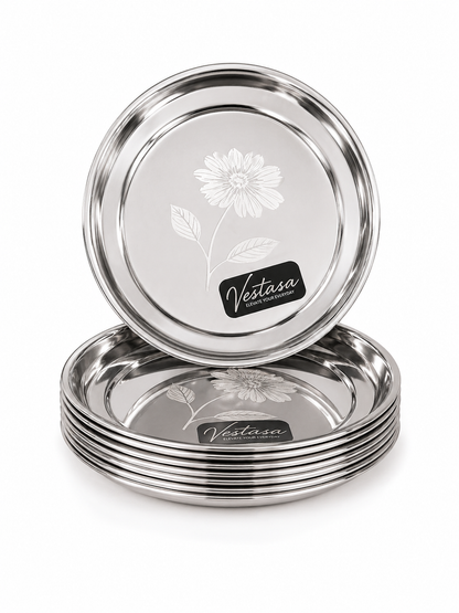 Vestasa Stainless Steel Quarter Plate, Round, Mirror Finish, Set of 6