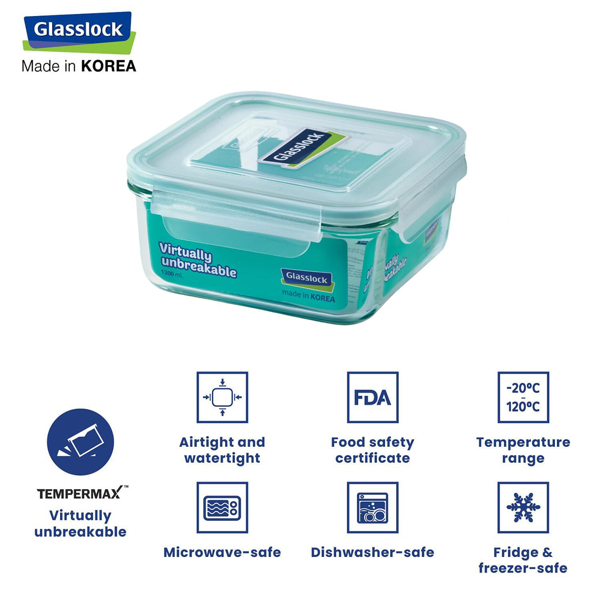 Glasslock Square Glass Storage Container — Airtight, 900ml to 2.6L