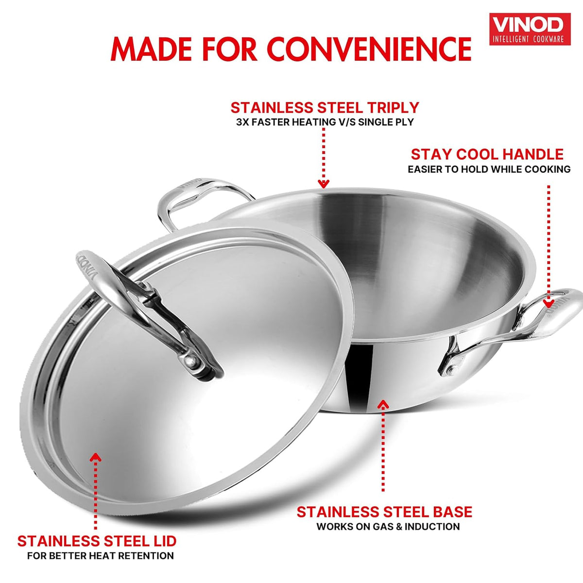 Vinod Platinum Triply Extra Deep Kadai with SS Lid