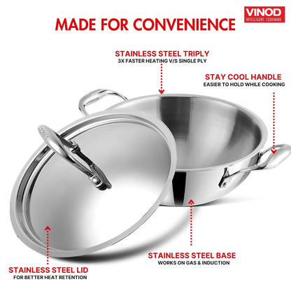 Vinod Platinum Triply Extra Deep Kadai with SS Lid