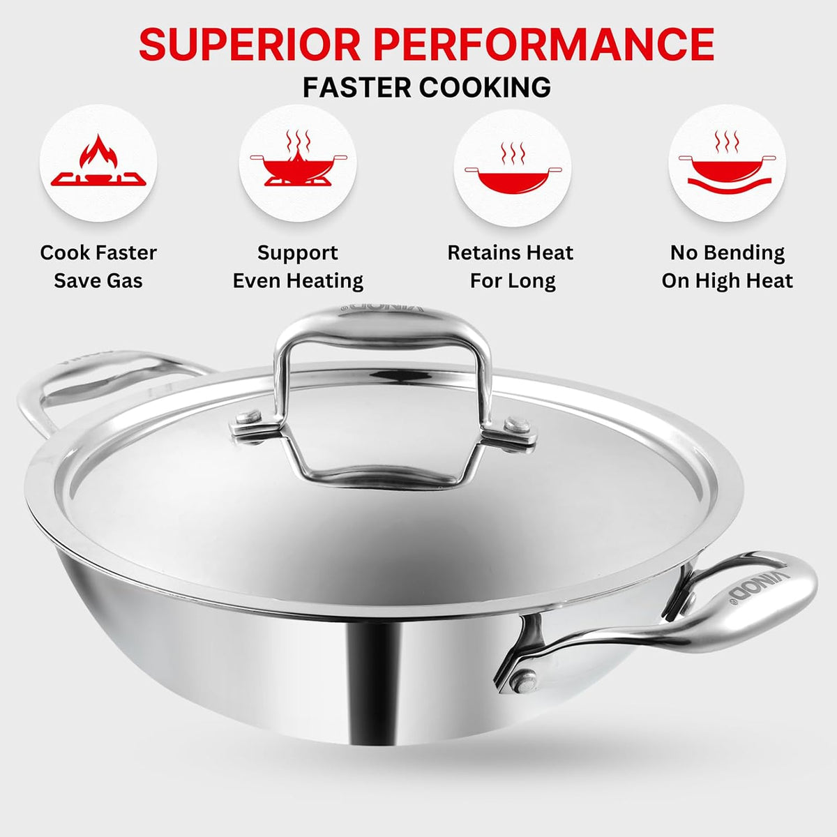 Vinod Platinum Triply Extra Deep Kadai with SS Lid