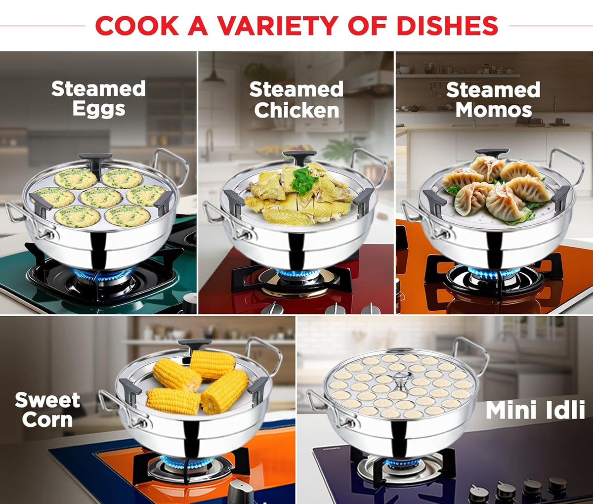 Vinod Deluxe Multi Kadai with SS Lid — idli, mini idli, dhokla and patra steamer