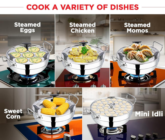 Vinod Deluxe Multi Kadai with SS Lid — idli, mini idli, dhokla and patra steamer