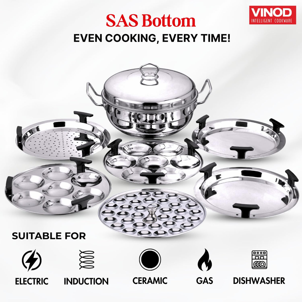 Vinod Deluxe Multi Kadai with SS Lid — idli, mini idli, dhokla and patra steamer